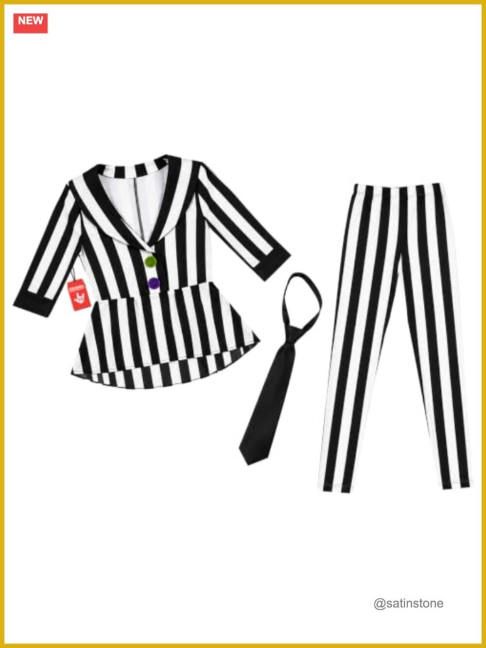 Womens Black White Striped Suit Costume Peplum Jacket Pants Tie Halloween